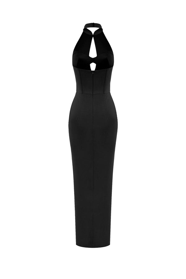 Rasario Draped Satin Long Midi Dress With Cutout Black S034M010 – RASARIO
