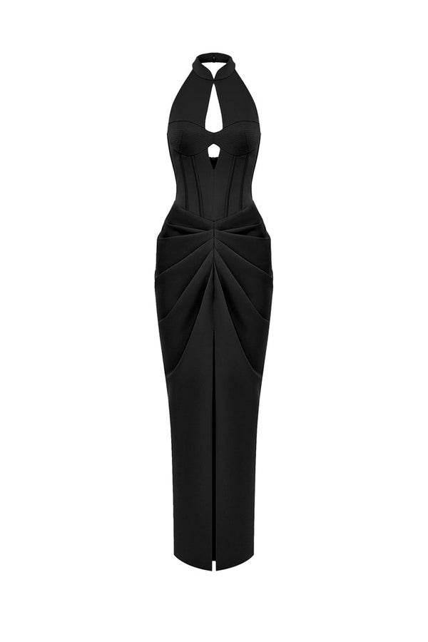 rasario Draped satin long midi dress with cutout black S034M010 – RASARIO