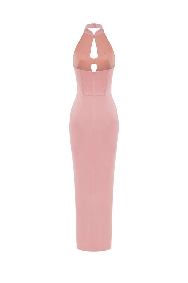 Rasario Draped Satin Long Midi Dress With Cutout Powder Pink S034M290 – RASARIO