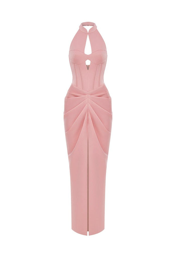 rasario Draped satin long midi dress with cutout powder pink S034M290 – RASARIO