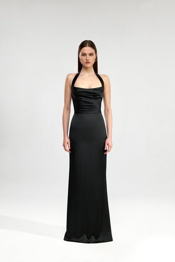 Rasario Draped Satin Maxi Dress With An Open Back Black S064X010 – RASARIO