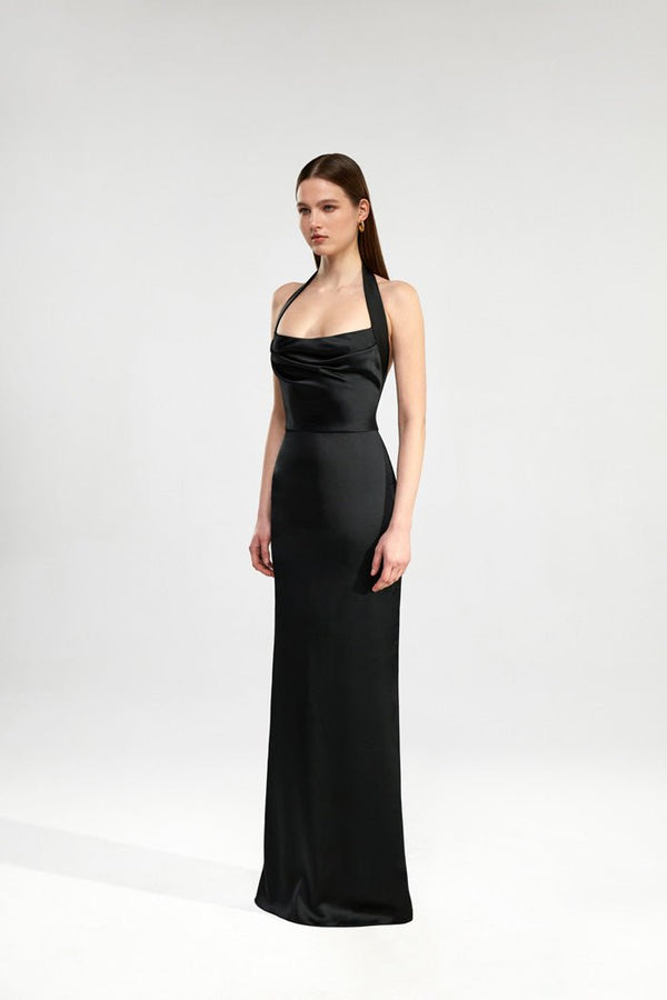 Rasario Draped Satin Maxi Dress With An Open Back Black S064X010 – RASARIO