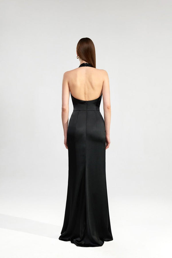 Rasario Draped Satin Maxi Dress With An Open Back Black S064X010 – RASARIO