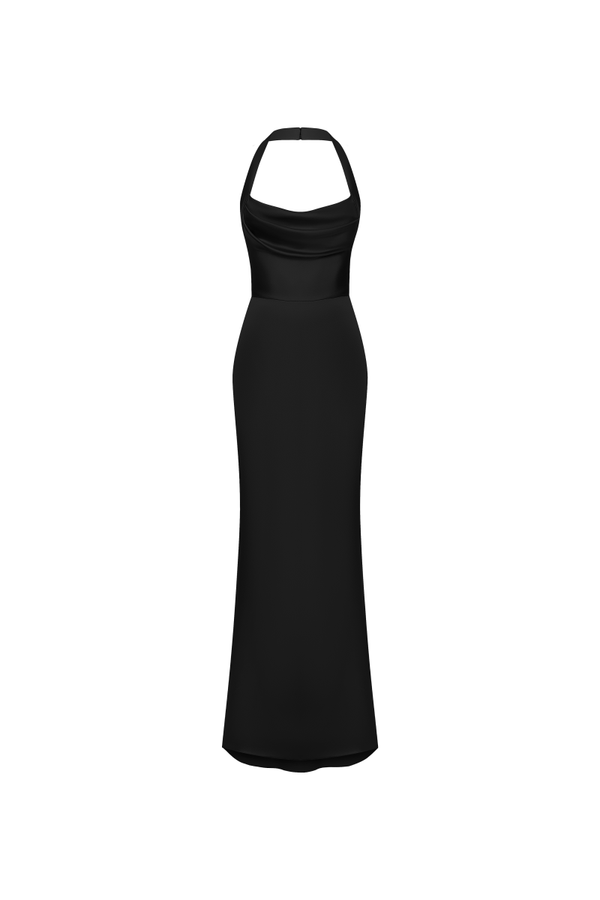 rasario Draped satin maxi dress with an open back black S064X010 – RASARIO