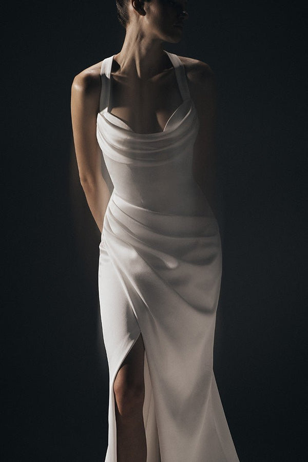 Rasario Draped Satin Maxi Dress With An Opened Back B002X020 – RASARIO