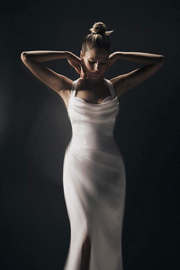 rasario Draped satin maxi dress with an opened back B002X020 – RASARIO