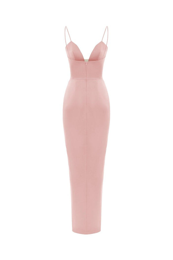 Rasario Draped Satin Maxi Dress With Cutout Powder Pink S008X290 – RASARIO