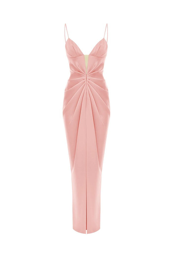 rasario Draped satin maxi dress with cutout powder pink S008X290 – RASARIO