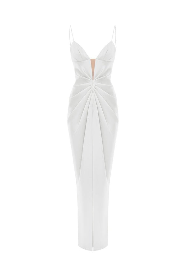 rasario Draped satin maxi dress with cutout white S008X020 – RASARIO