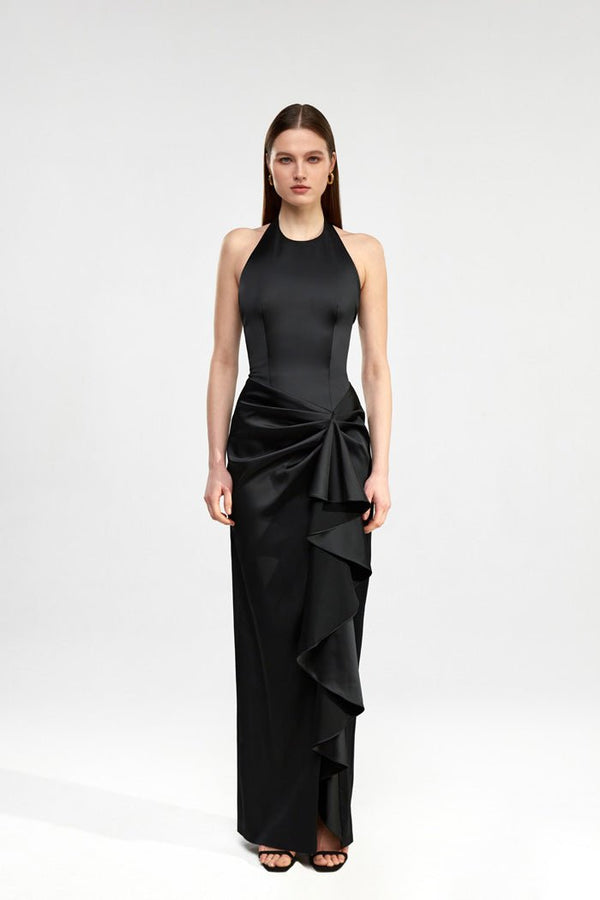 Rasario Draped Satin Maxi Dress With Ruffle Black S090X010 – RASARIO