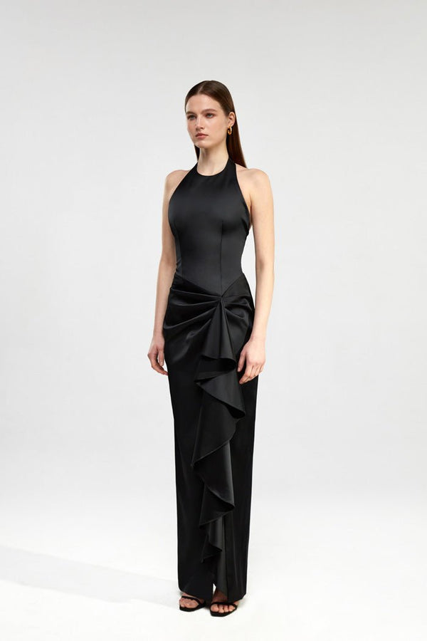 Rasario Draped Satin Maxi Dress With Ruffle Black S090X010 – RASARIO