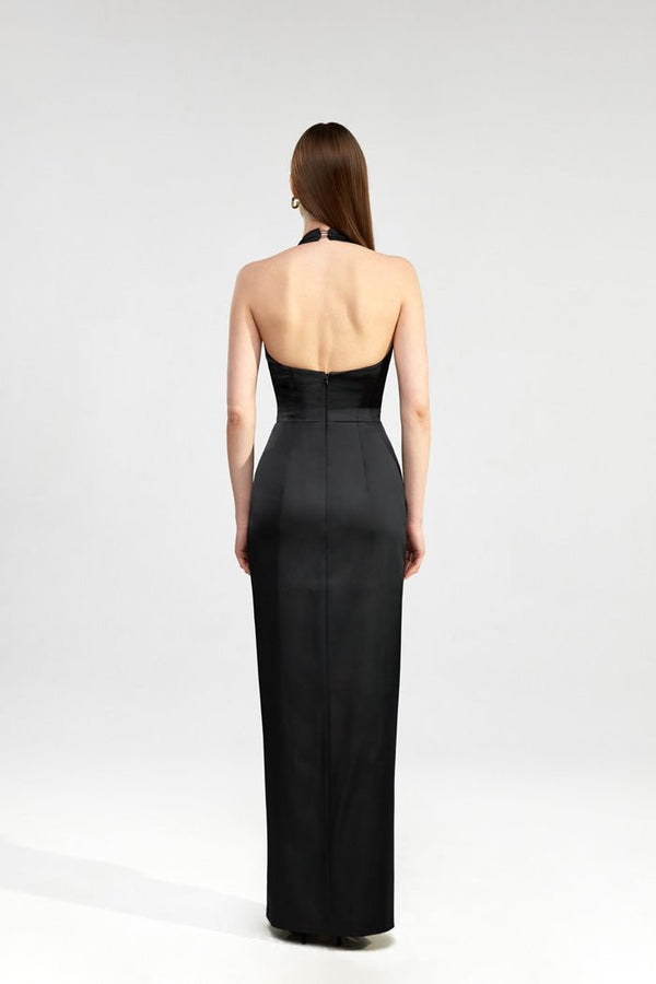 Rasario Draped Satin Maxi Dress With Ruffle Black S090X010 – RASARIO
