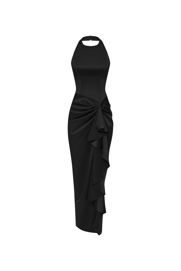 rasario Draped satin maxi dress with ruffle black S090X010 – RASARIO