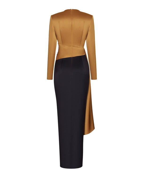 Rasario Draped Satin Maxi Dress With Voluminous Shoulders Black/gold R007X130 – RASARIO
