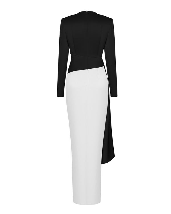 Rasario Draped Satin Maxi Dress With Voluminous Shoulders White/black R007X210 – RASARIO