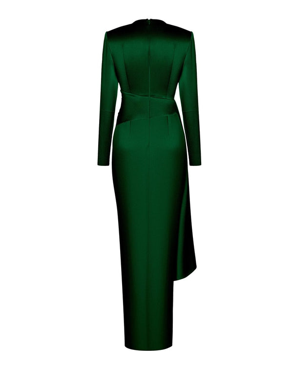 Rasario Draped Satin Maxi Dress With Voluminous Shoulders Dark Green 07X880_1 – RASARIO