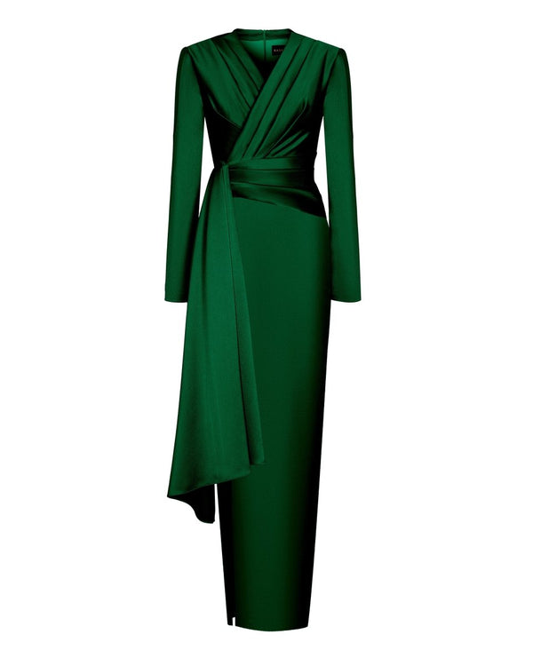 rasario Draped satin maxi dress with voluminous shoulders dark green 07X880_1 – RASARIO