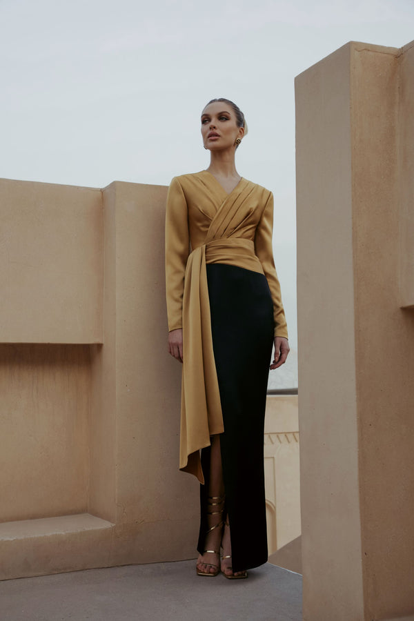 Rasario Draped Satin Maxi Dress With Voluminous Shoulders Gold R007X330 – RASARIO