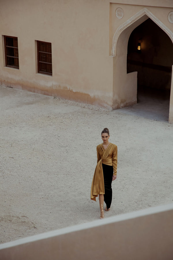 Rasario Draped Satin Maxi Dress With Voluminous Shoulders Gold R007X330 – RASARIO