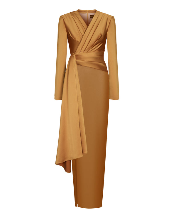 rasario Draped satin maxi dress with voluminous shoulders gold R007X330 – RASARIO