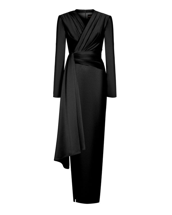 rasario Draped satin maxi dress with voluminous shoulders black 07X010_1 – RASARIO