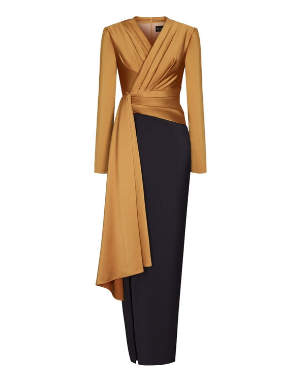 rasario Draped satin maxi dress with voluminous shoulders black/gold R007X130 – RASARIO