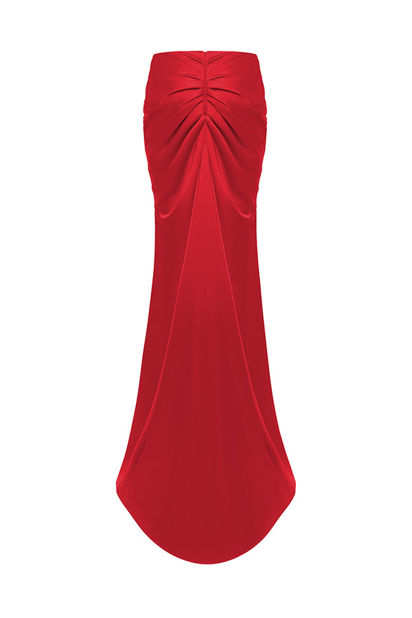 Rasario Draped Satin Maxi Skirt With A Train Red 025SG003 – RASARIO