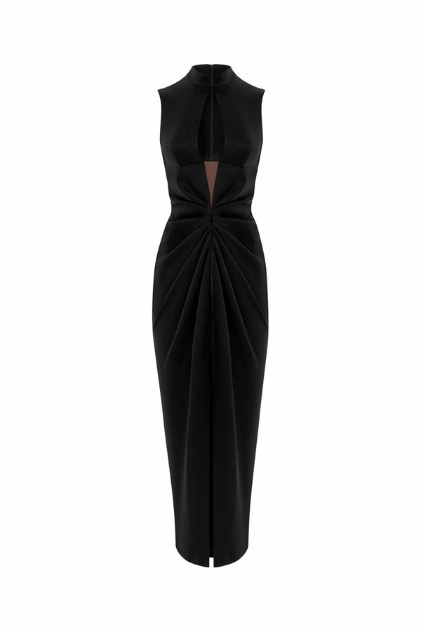 rasario Draped satin midi dress with a cutout black S028D010 – RASARIO