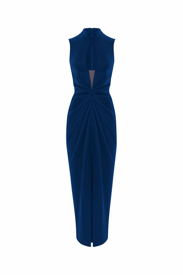 rasario Draped satin midi dress with a cutout dark blue S028D170 – RASARIO