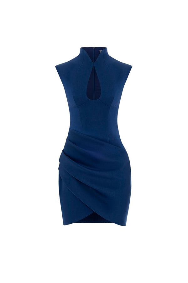 rasario Draped satin mini dress with cutouts dark blue S027N170 – RASARIO