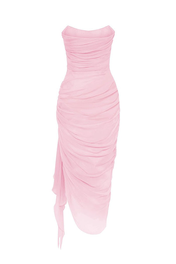 Rasario Draped Silk Chiffon Corset Midi Dress Light Pink S097D290 – RASARIO