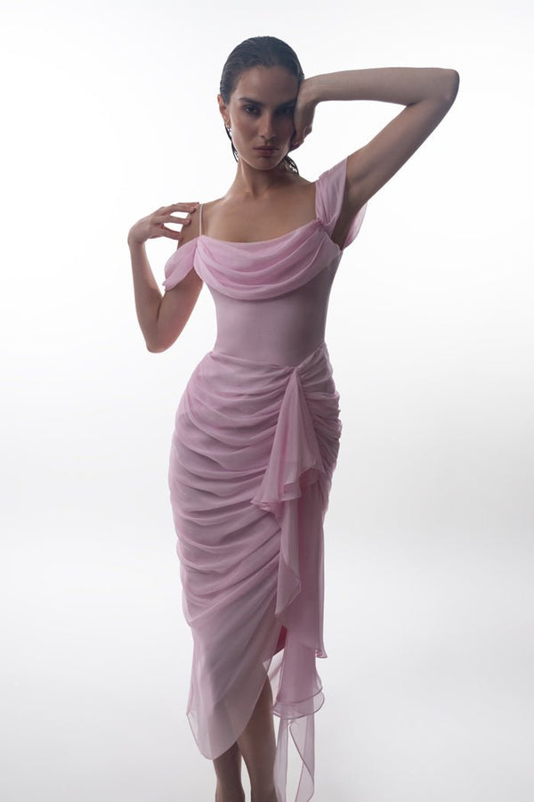 Rasario Draped Silk Chiffon Corset Midi Dress Light Pink S096D020 – RASARIO