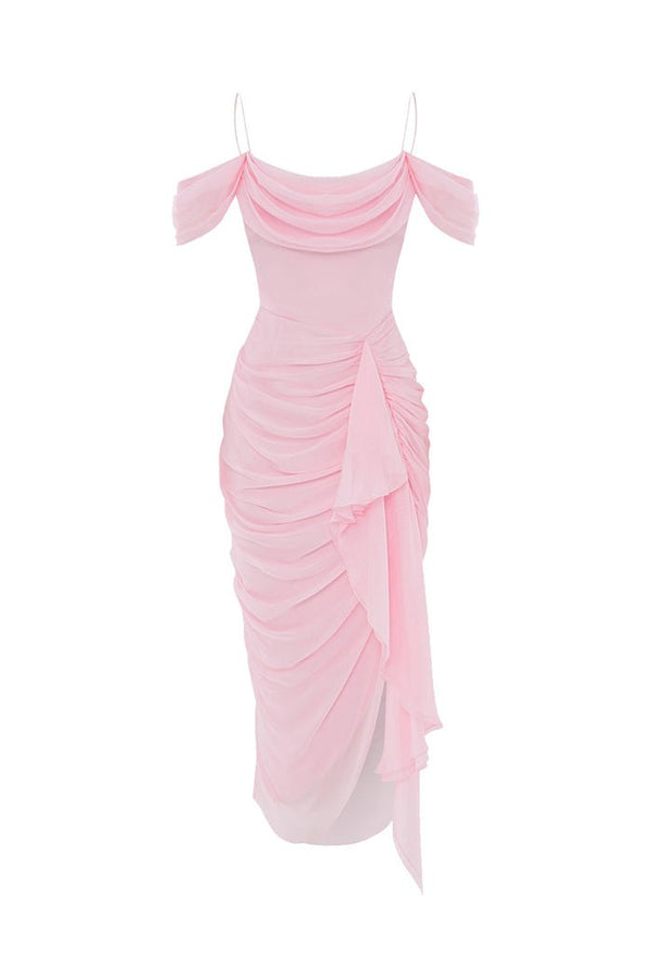 rasario Draped silk chiffon corset midi dress light pink S096D020 – RASARIO