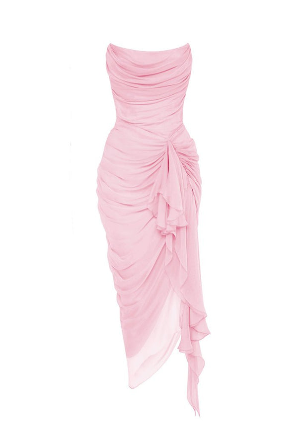rasario Draped silk chiffon corset midi dress light pink S097D290 – RASARIO