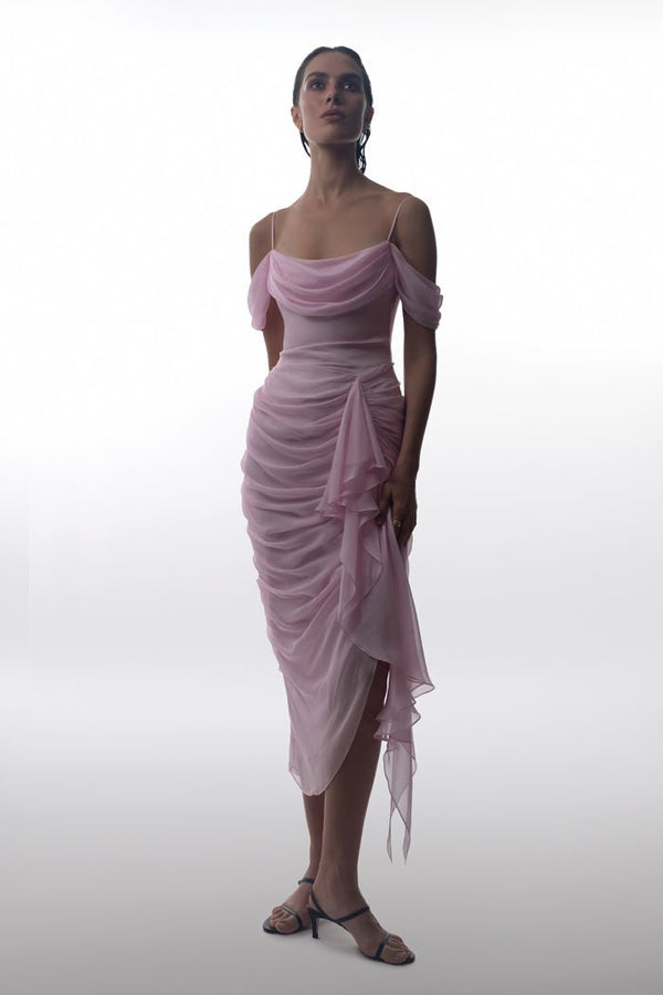 Rasario Draped Silk Chiffon Corset Midi Dress Mint S096D720 – RASARIO