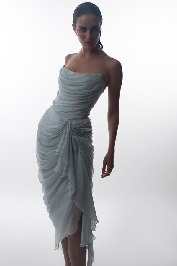 Rasario Draped Silk Chiffon Corset Midi Dress Mint S097D720 – RASARIO