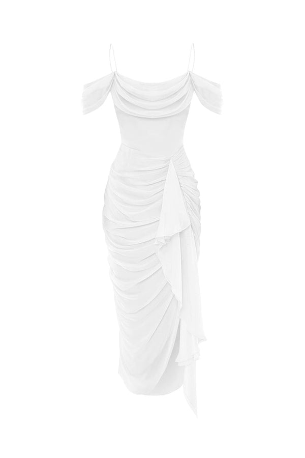 rasario Draped silk chiffon corset midi dress white S096D020 – RASARIO