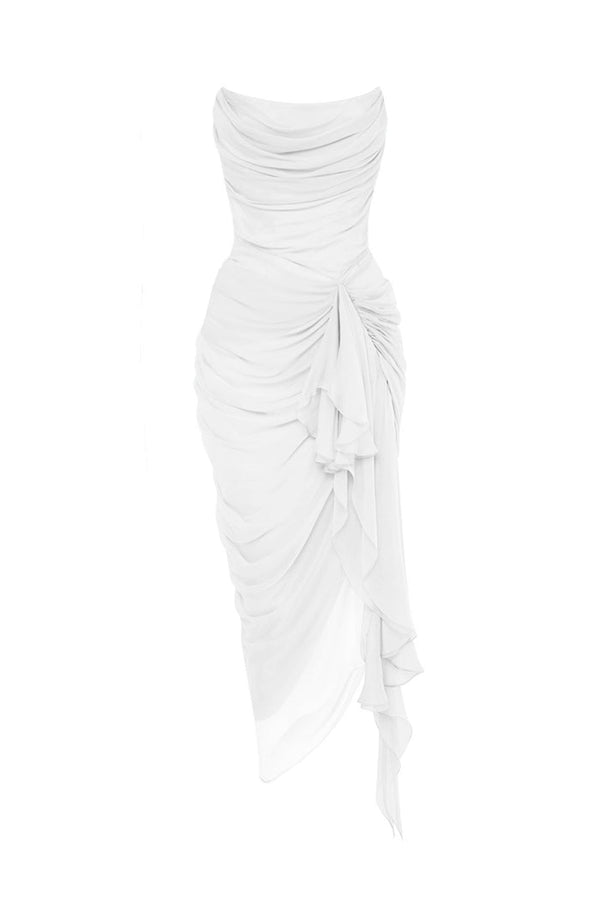 rasario Draped silk chiffon corset midi dress white S097D020 – RASARIO