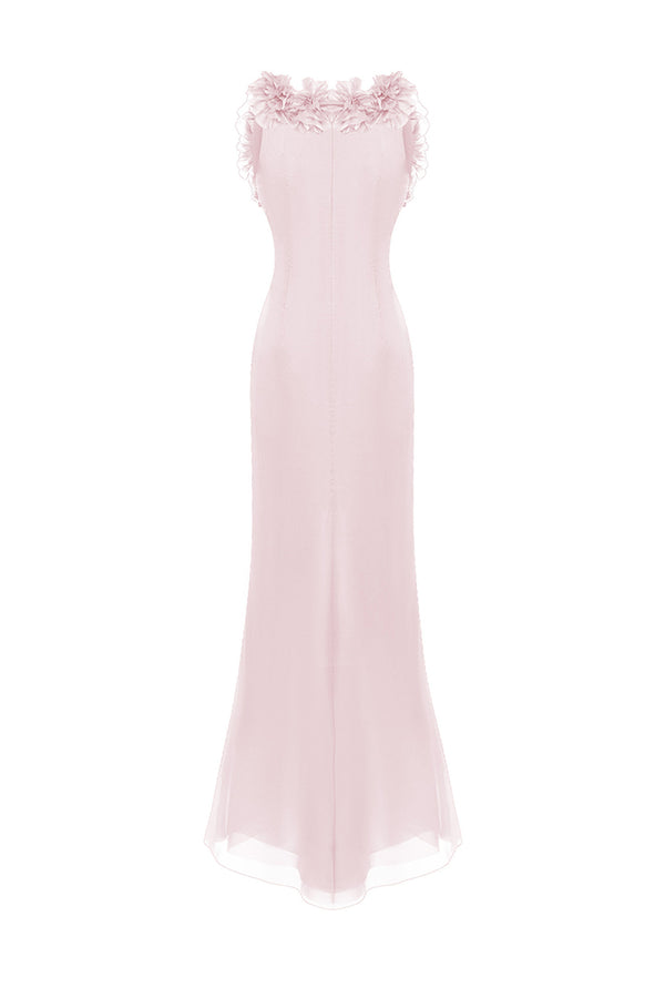Rasario Draped Silk Chiffon Dress With Flowers And Train Light Pink 074DG029 – RASARIO