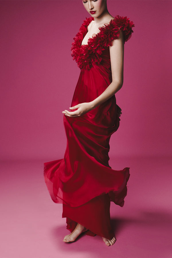 Rasario Draped Silk Chiffon Dress With Flowers And Train Light Pink 074DG029 – RASARIO