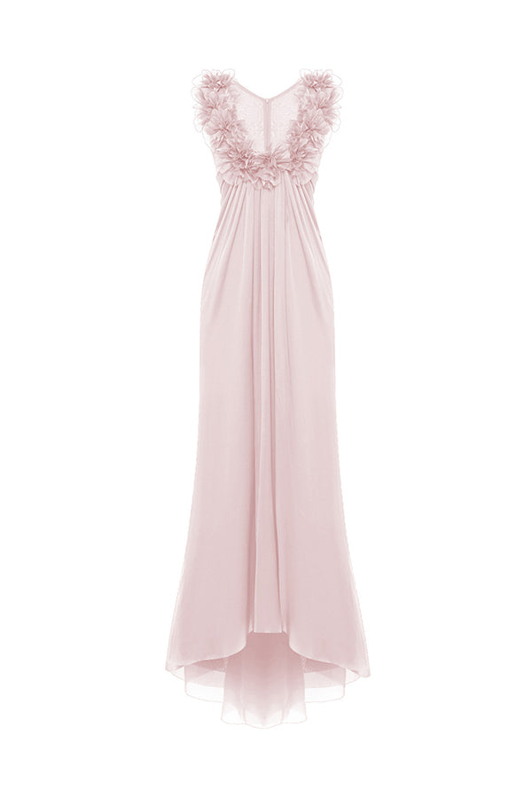 rasario Draped silk chiffon dress with flowers and train light pink 074DG029 – RASARIO