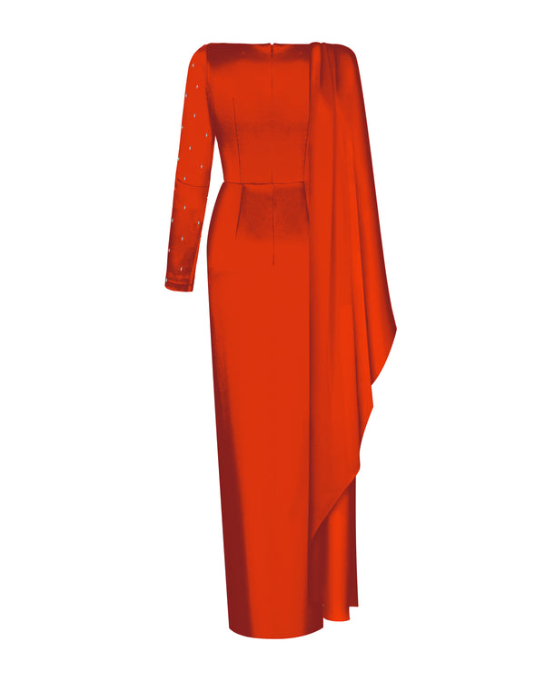 Rasario Embroidered Satin Maxi Dress With Draped Collar Orange R003X070 – RASARIO