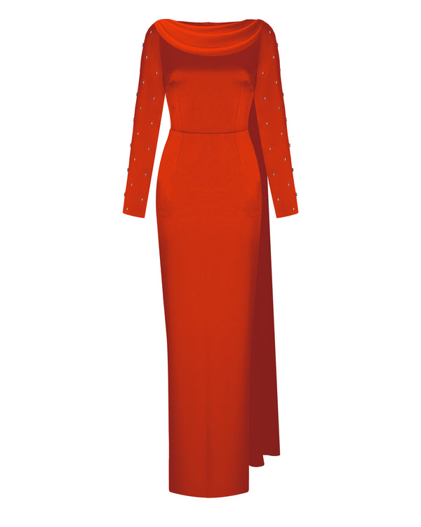 rasario Embroidered satin maxi dress with draped collar orange R003X070 – RASARIO