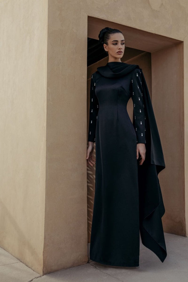 Rasario Embroidered Satin Maxi Dress With Draped Collar Steel Blue 03X050_1 – RASARIO