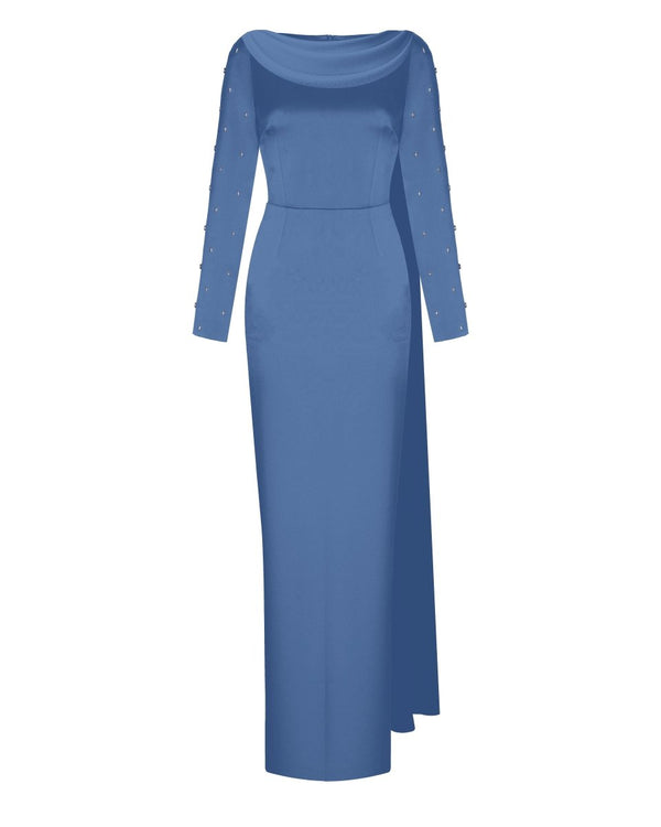 rasario Embroidered satin maxi dress with draped collar steel blue 03X050_1 – RASARIO