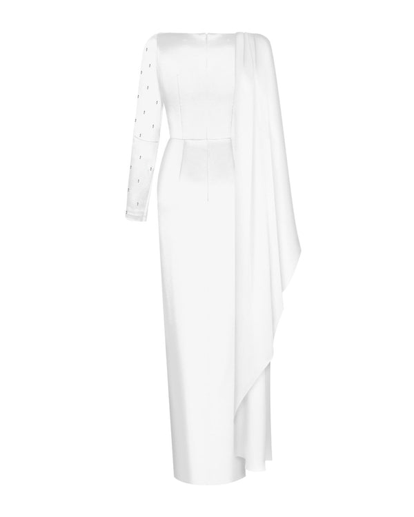 Rasario Embroidered Satin Maxi Dress With Draped Collar White 03X020_1 – RASARIO