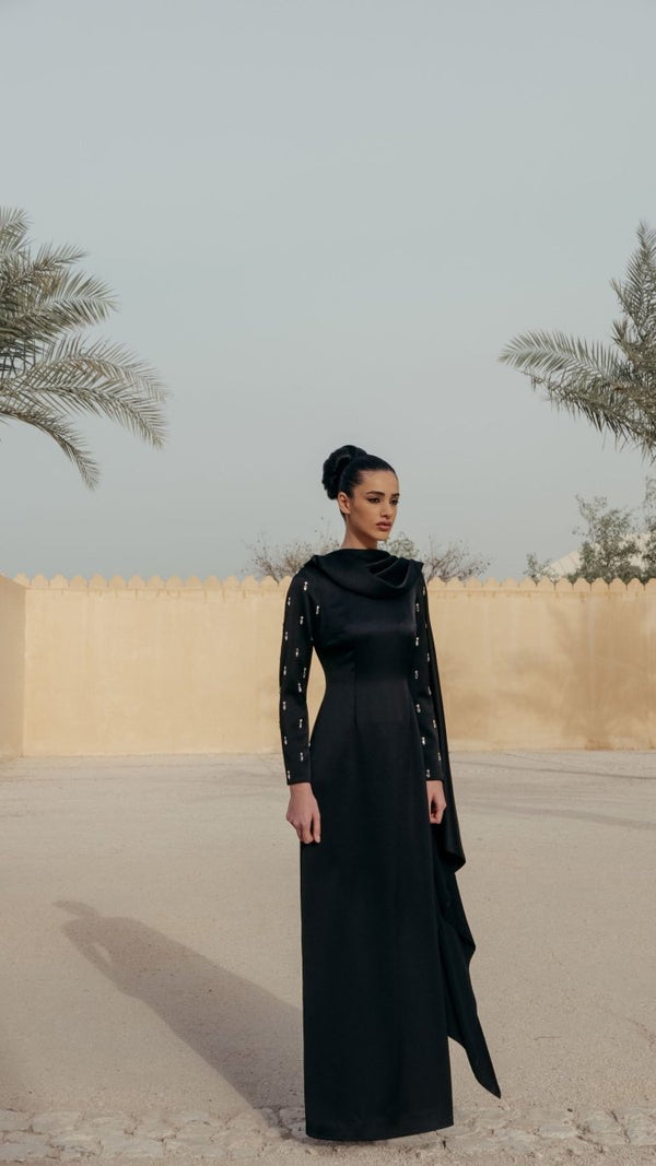 Rasario Embroidered Satin Maxi Dress With Draped Collar White 03X020_1 – RASARIO