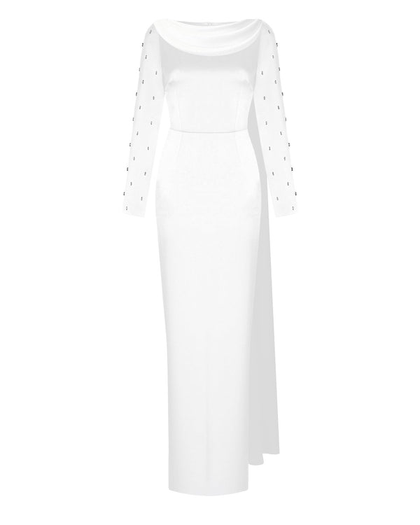 rasario Embroidered satin maxi dress with draped collar white 03X020_1 – RASARIO