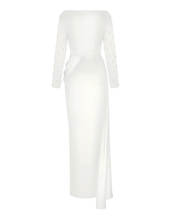 Rasario Embroidered Satin Maxi Dress With Drapery And Train White R004X020 – RASARIO