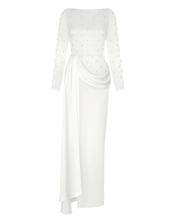 rasario Embroidered satin maxi dress with drapery and train white R004X020 – RASARIO